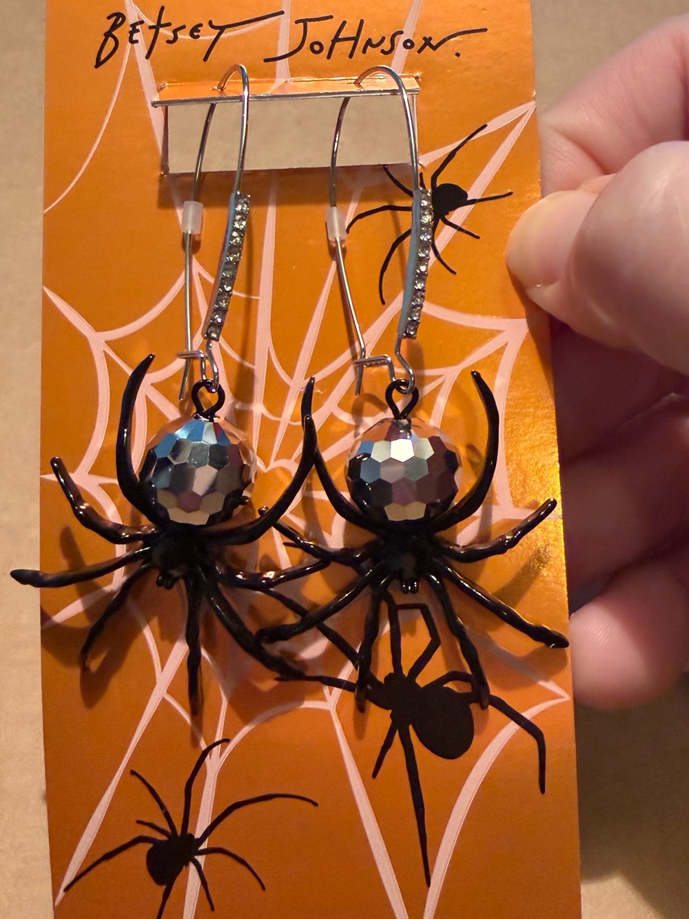 Betsey Johnson Black Spider Dangle Earrings with Silver Faceted Beads